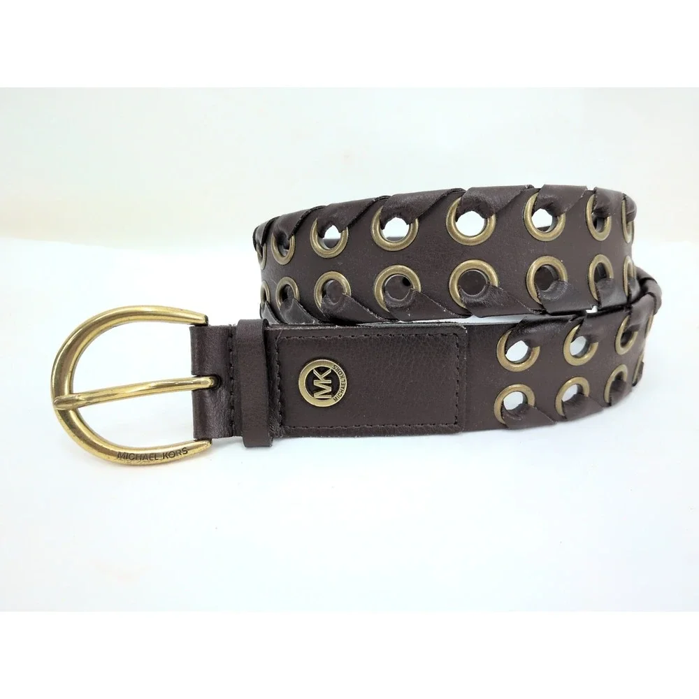 Michael Kors Women's Brown Leather Grommet Brass Belt 36